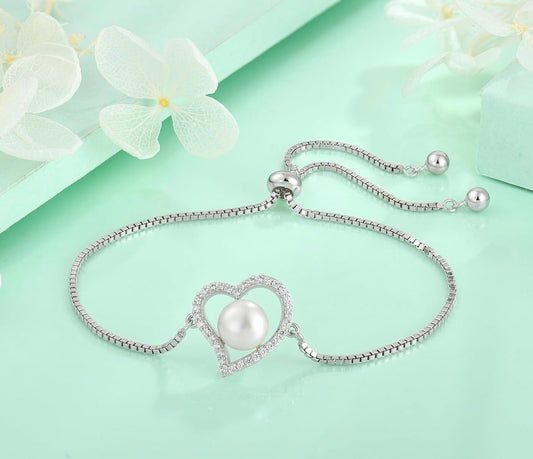 925 Sterling Silver Freshwater Cultured Pearl Bracelet Heart Adjustable Chain
