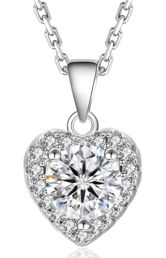 Moissanite Heart Necklace for Women, 0.3CT-1.0CT Lab Created Diamond with VVS1 Clarity D Color Moissanite Chain, White Gold Plated S925 Sterling Silver Necklace