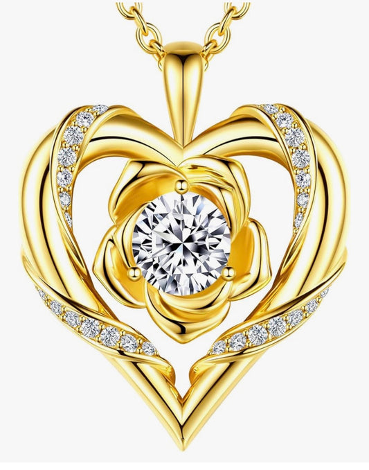 Rose Flower Heart Moissanite Necklaces for Wife, S925 Silver Pendant for Women, 18K Gold Plated Jewelry
