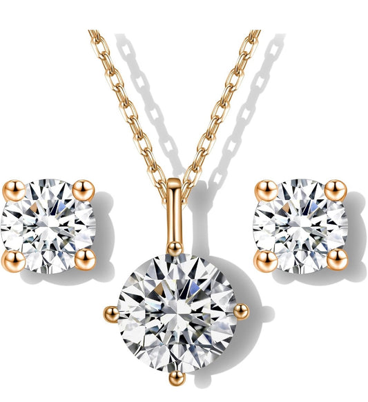 Moissanite Necklace and Earring Sets for Women White Gold Plated/S925 Sterling Silver Diamond Jewelry Sets 1CT Yellow Gold