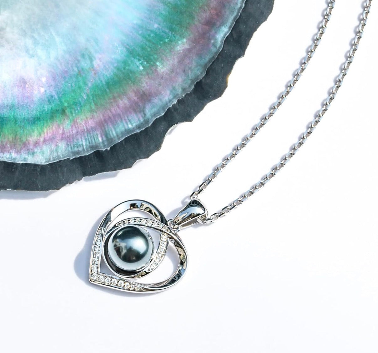 Genuine Tahitian Black Pearl with Moissanite Heart Pendant Necklace Black Pearls Sterling Silver