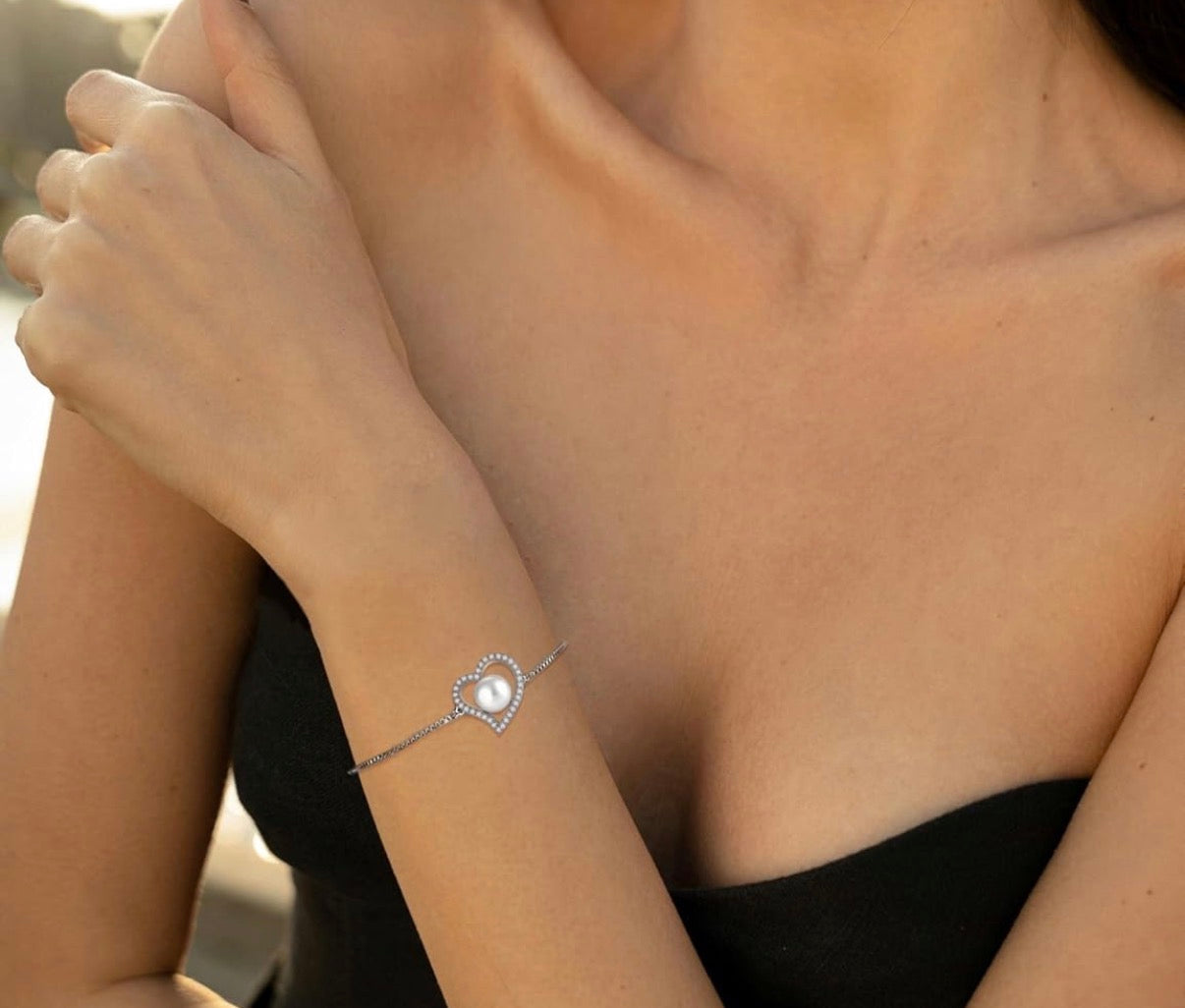 925 Sterling Silver Freshwater Cultured Pearl Bracelet Heart Adjustable Chain