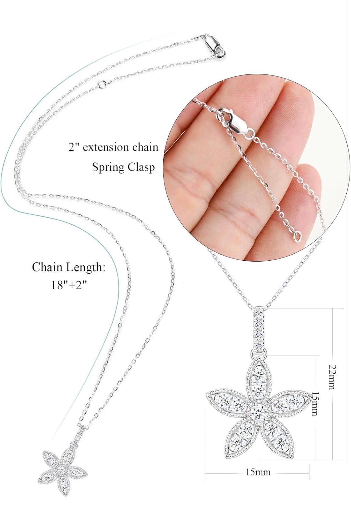 Flower Moissanite Pendant Necklace for Women, D Color VVS1 925 Sterling Silver Plated 18k White Gold 20 Inches Chain