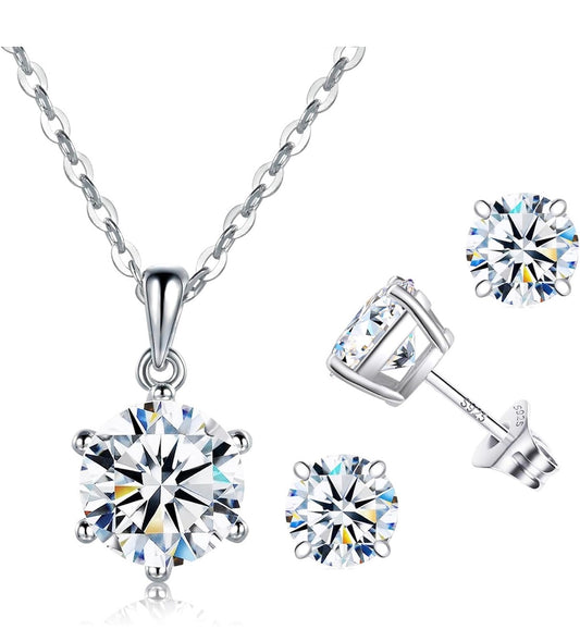 1 Carat Moissanite 925 Sterling Silver Pendant Necklace Silver Earrings 18K White Gold Plated Jewelry Set