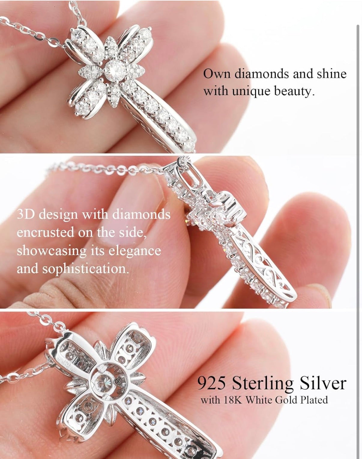 Christian Cross Moissanite Pendant Necklace for Women, D Color VVS1 925 Sterling Silver Plated 18k White Gold 20 Inches Chain