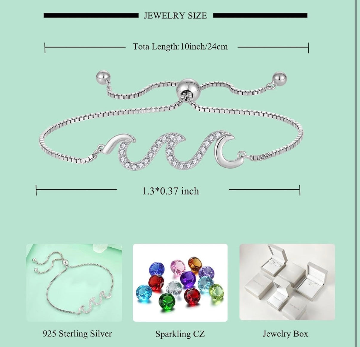 925 Sterling Silver Wave Bracelet for Women Adjustable Beach Ocean