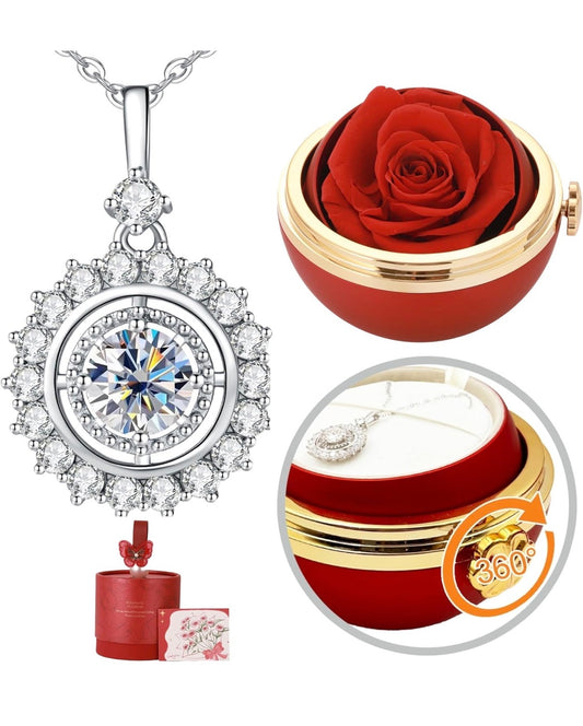 Moissanite Necklace with Preserved Rose, Sterling Silver 925