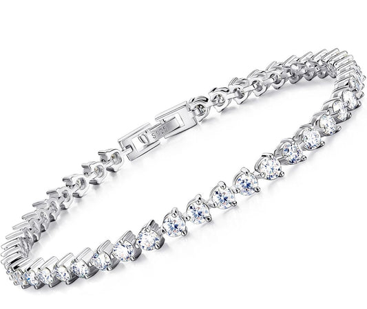 Moissanite Sterling Silver Tennis Bracelet:White Gold Plated 925 Silver Chain - Gold Prong Setting Sparkling VVS1 Solitaire