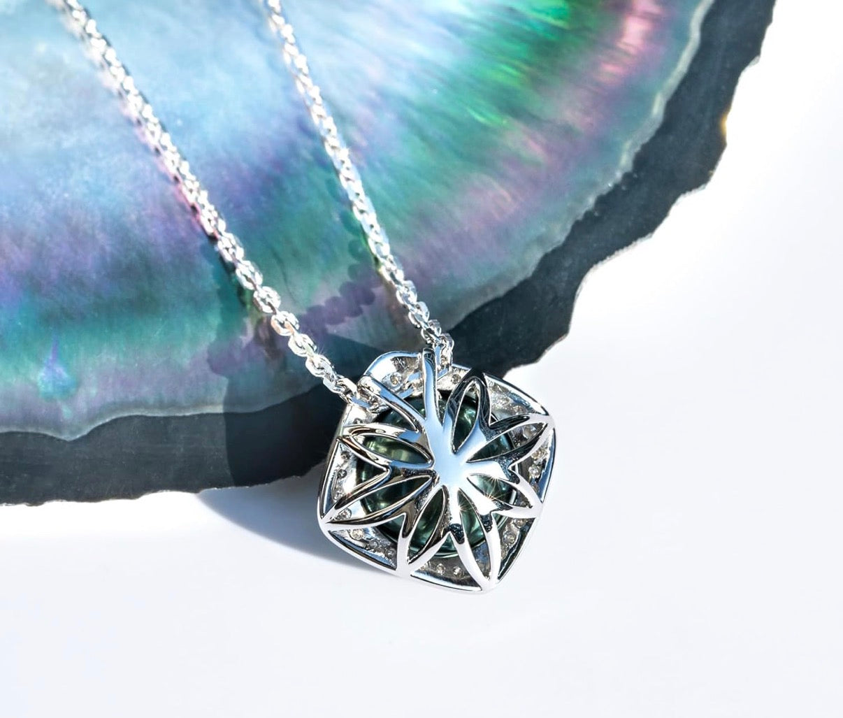 Genuine Tahitian Black Pearl with Moissanite Heart Pendant Necklace Black Pearls Sterling Silver