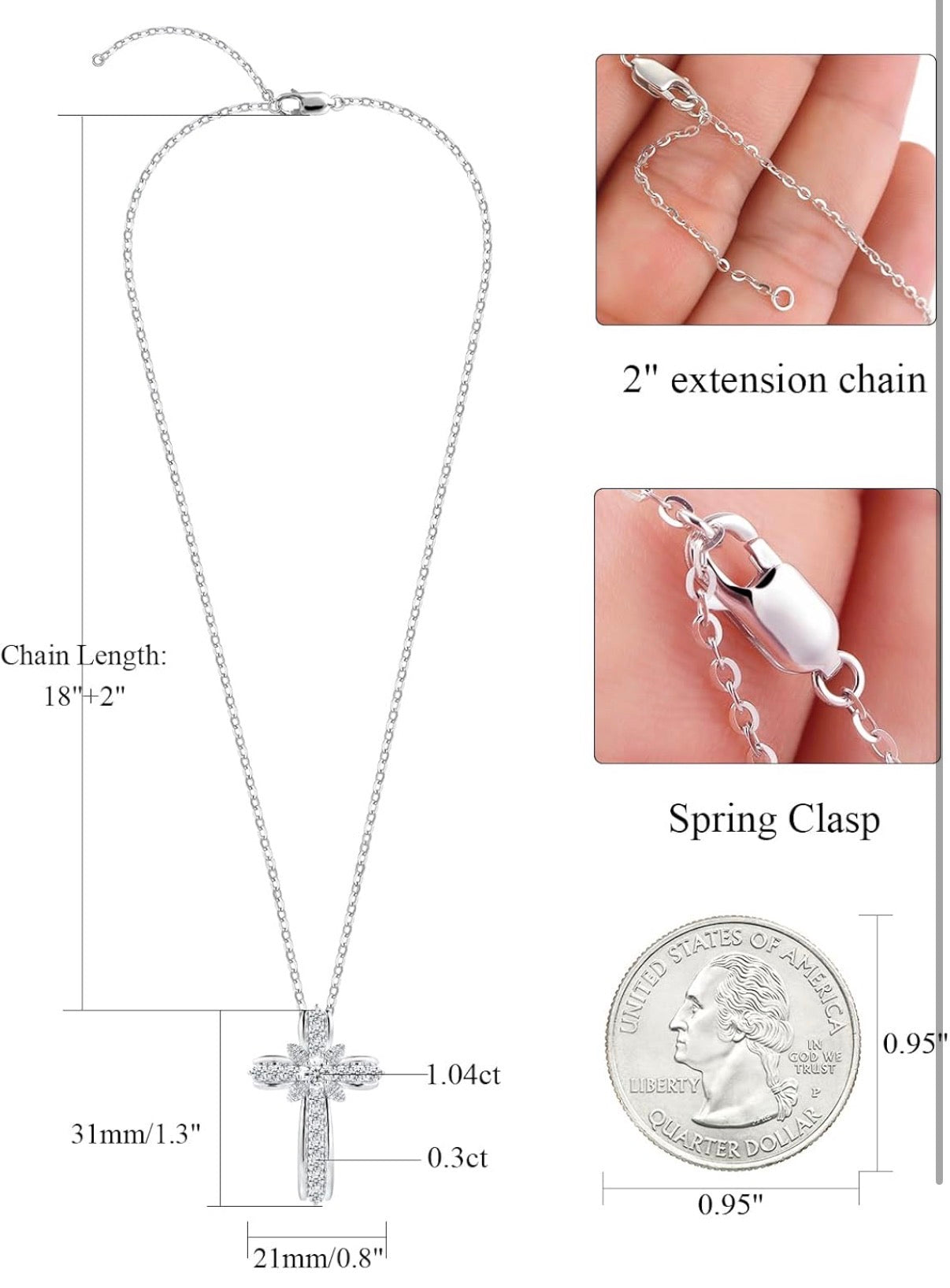 Christian Cross Moissanite Pendant Necklace for Women, D Color VVS1 925 Sterling Silver Plated 18k White Gold 20 Inches Chain