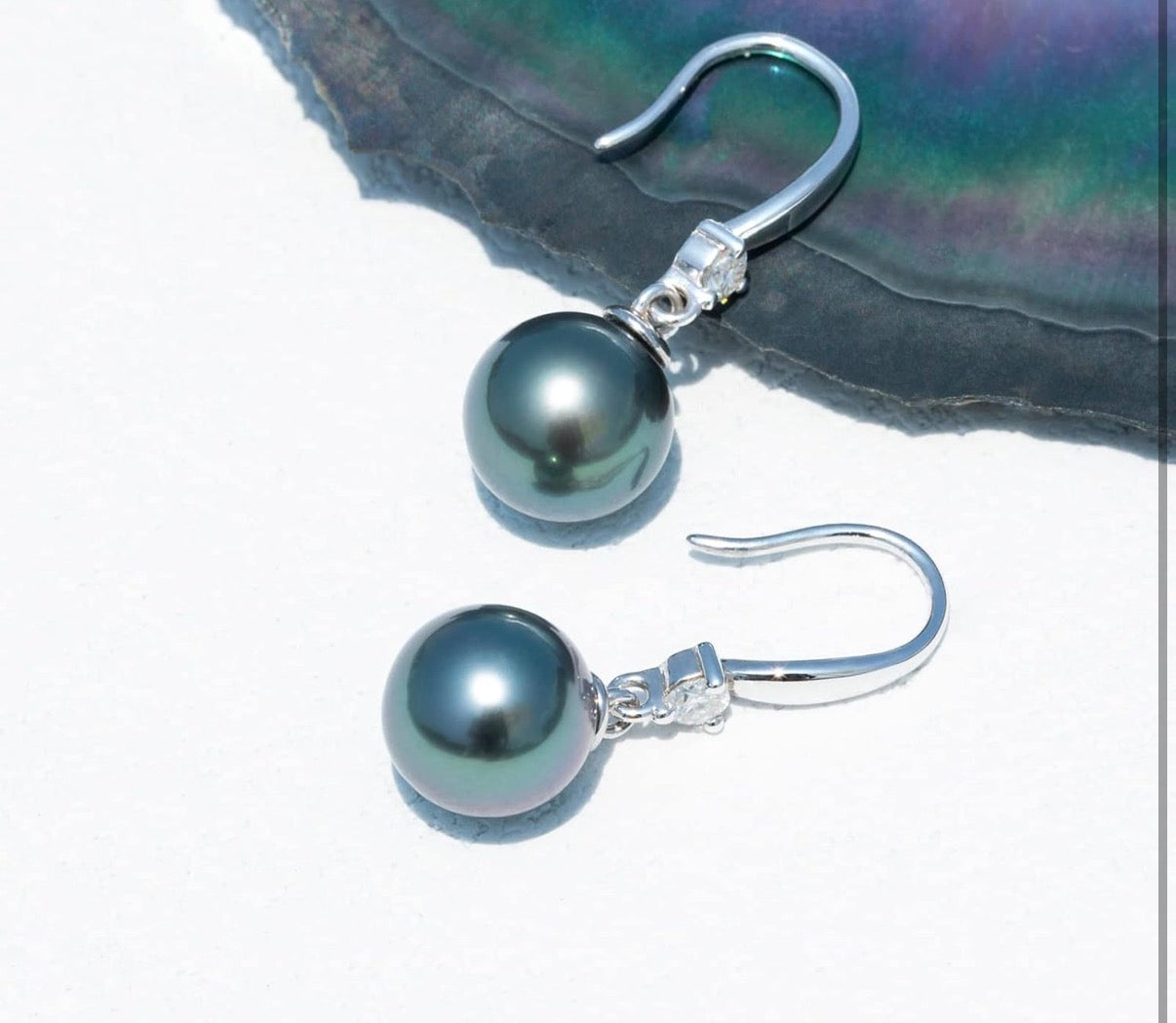 10MM Tahitian Black Pearl with Moissanite Hook Earrings, AAA Handselected Nature Black Pearls, D Color Moissanite