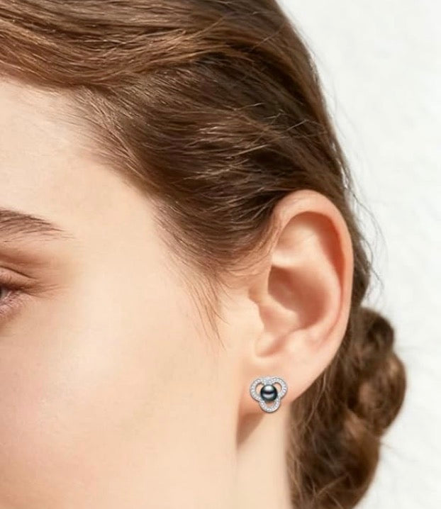 Tahitian Black Pearl 18K White Gold Plated Sterling Silver Earrings for Women, Elegant Interlocking Circle