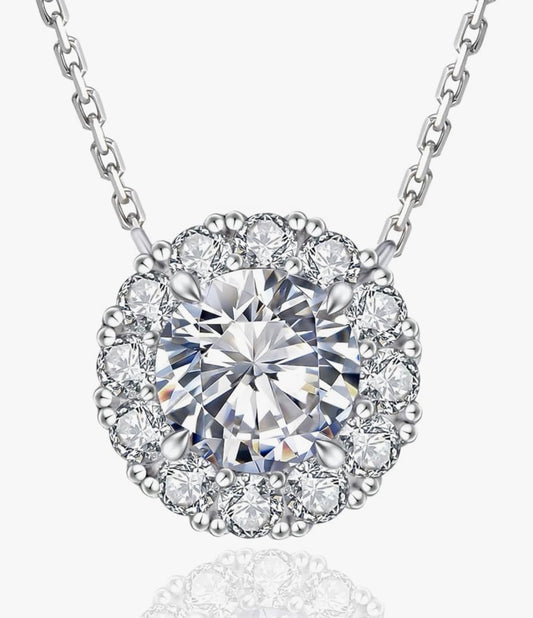 Moissanite Halo Necklace for Women, 2 Carats Lab Created Diamond with VVS1 Clarity D Color Moissanite Chain, White Gold Plated S925 Sterling Silver Necklace