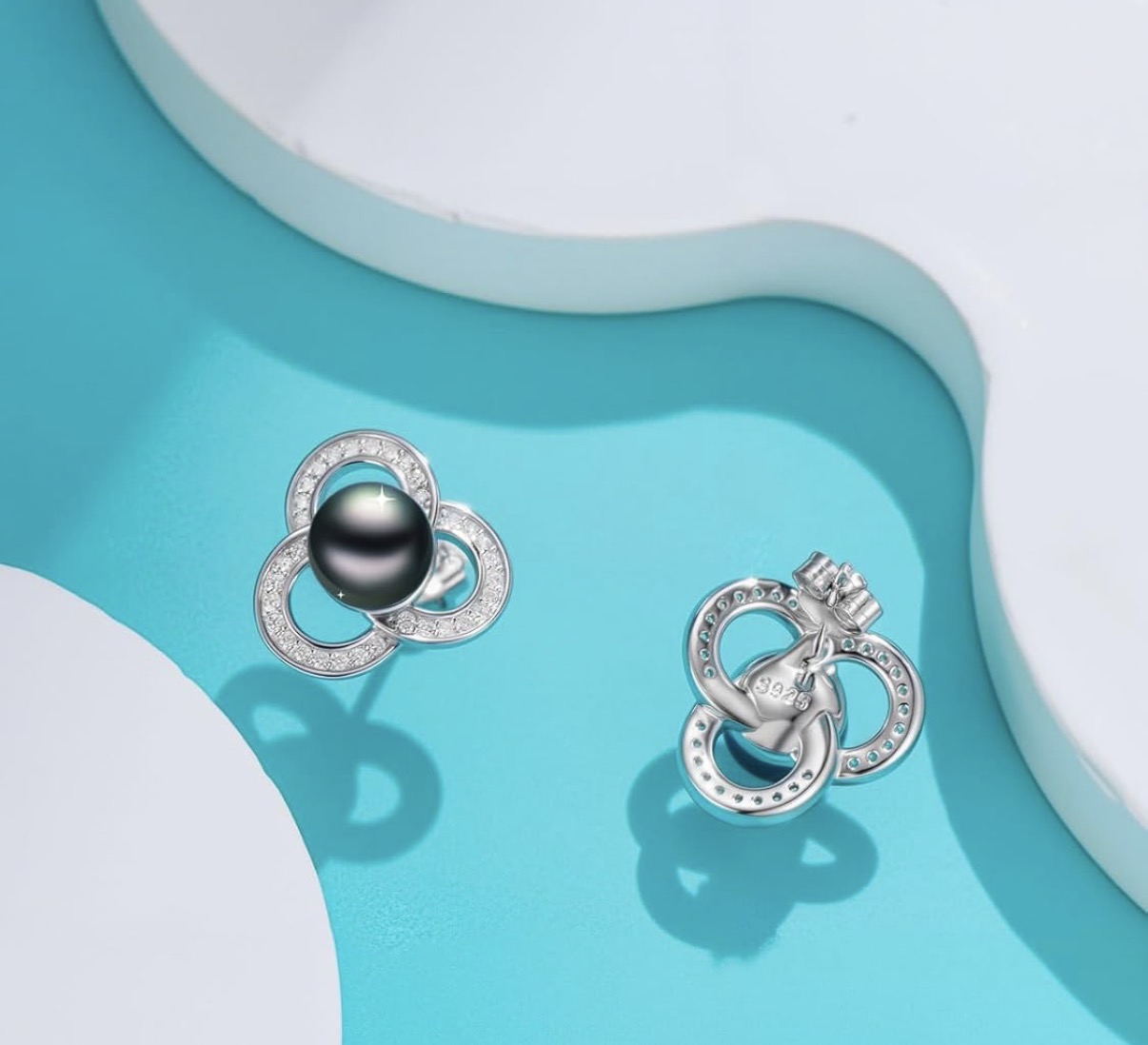 Tahitian Black Pearl 18K White Gold Plated Sterling Silver Earrings for Women, Elegant Interlocking Circle