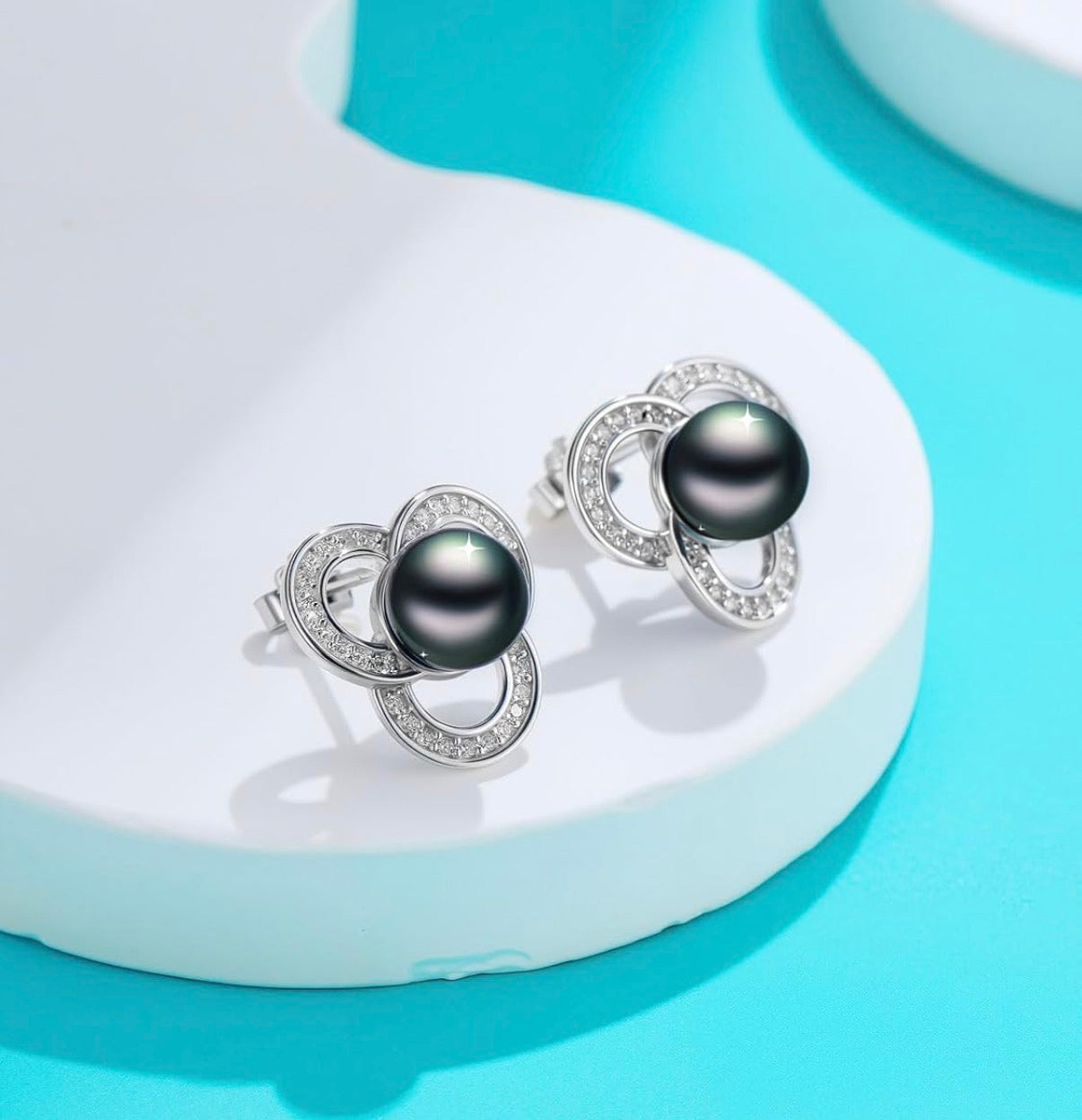 Tahitian Black Pearl 18K White Gold Plated Sterling Silver Earrings for Women, Elegant Interlocking Circle