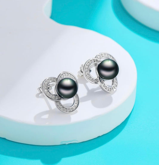 Tahitian Black Pearl 18K White Gold Plated Sterling Silver Earrings for Women, Elegant Interlocking Circle