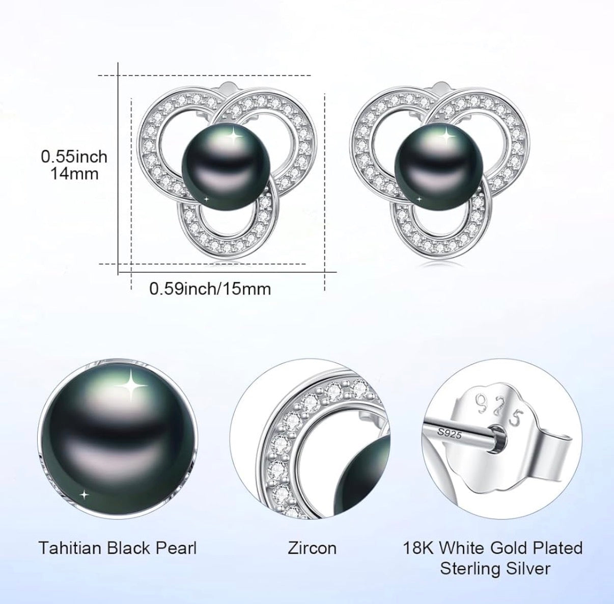 Tahitian Black Pearl 18K White Gold Plated Sterling Silver Earrings for Women, Elegant Interlocking Circle