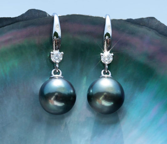 10MM Tahitian Black Pearl with Moissanite Hook Earrings, AAA Handselected Nature Black Pearls, D Color Moissanite