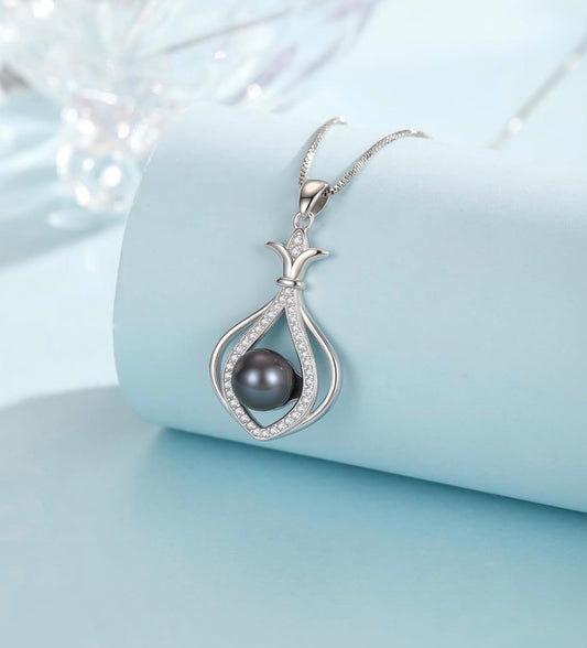 Tahitian Black Pearl AAAA 18K Gold Plated Sterling Silver Pendant Necklace for Women