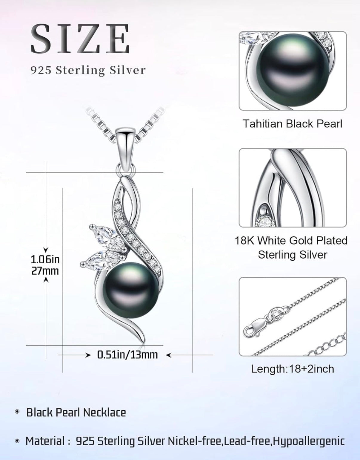 Tahitian Black Pearl AAAA 18K Gold Plated Sterling Silver Pendant Necklace for Women