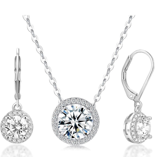 1 Carat Halo Pendant Moissanite 925 Sterling Silver Pendant Necklace Silver Earrings 18K White Gold Plated Jewelry Set
