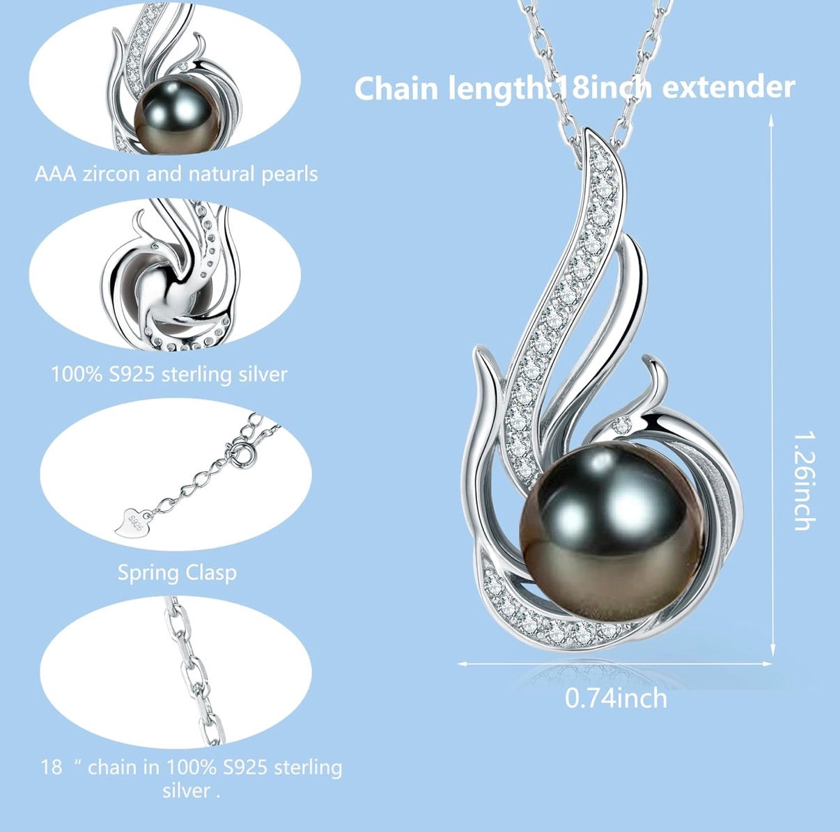 Pearl Necklaces for Women 10-11mm - Pearl Necklace Phoenix Pendant with 925 Sterling Silver 18" Chain
