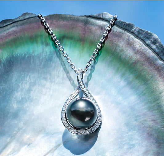 Genuine Tahitian Black Pearl with Moissanite Heart Pendant Necklace Black Pearls Sterling Silver
