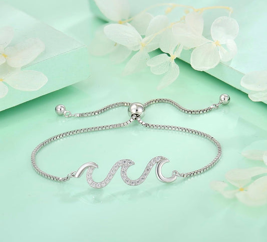 925 Sterling Silver Wave Bracelet for Women Adjustable Beach Ocean