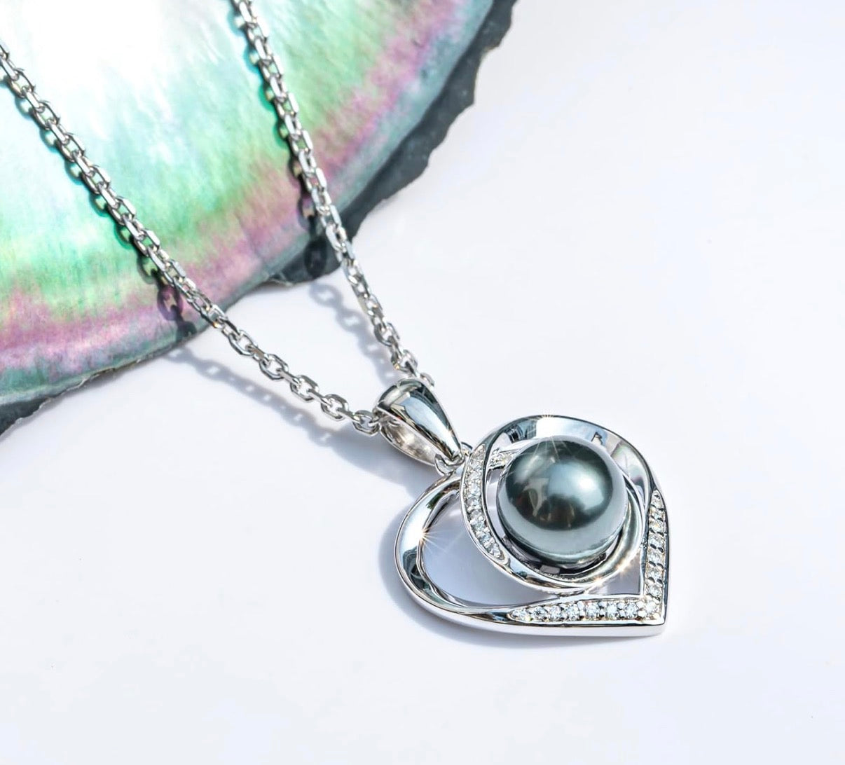 Genuine Tahitian Black Pearl with Moissanite Heart Pendant Necklace Black Pearls Sterling Silver