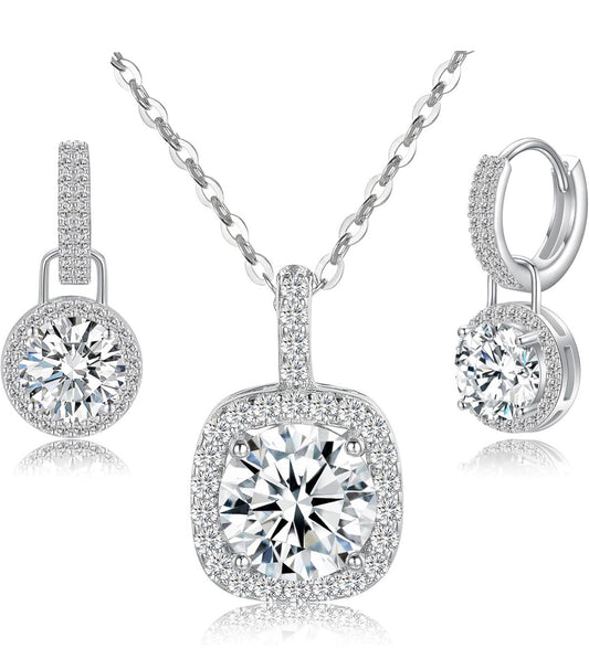 1 Carat Square Halo Style Moissanite 925 Sterling Silver Pendant Necklace Silver Earrings 18K White Gold Plated