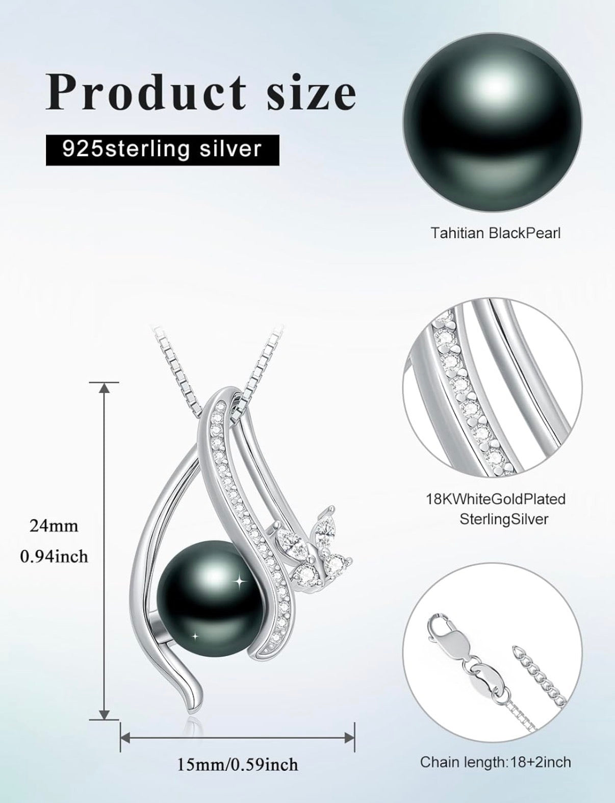 Tahitian Black Pearl AAAA 18K Gold Plated Sterling Silver Pendant Necklace for Women