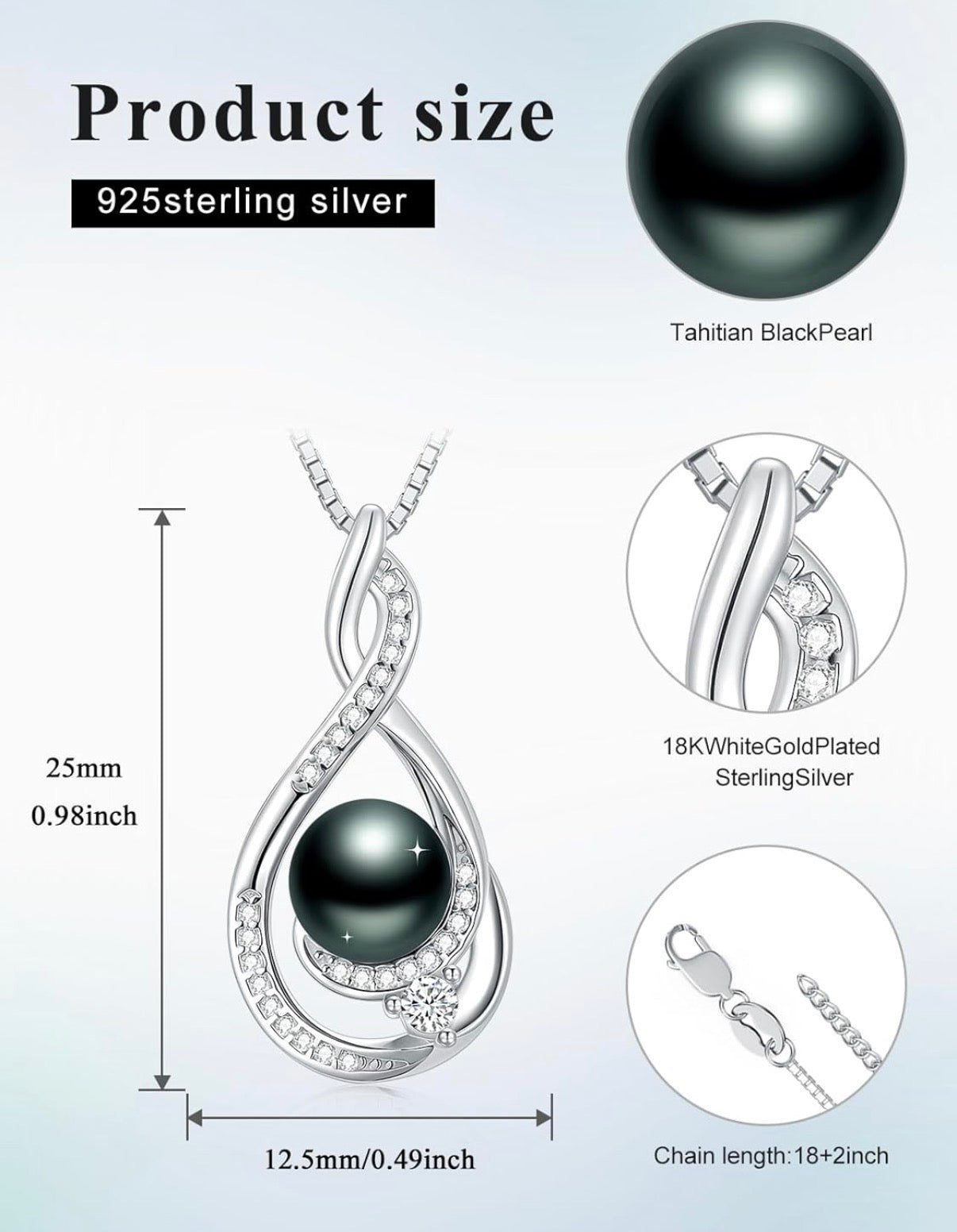 Tahitian Black Pearl AAAA 18K Gold Plated Sterling Silver Pendant Necklace for Women