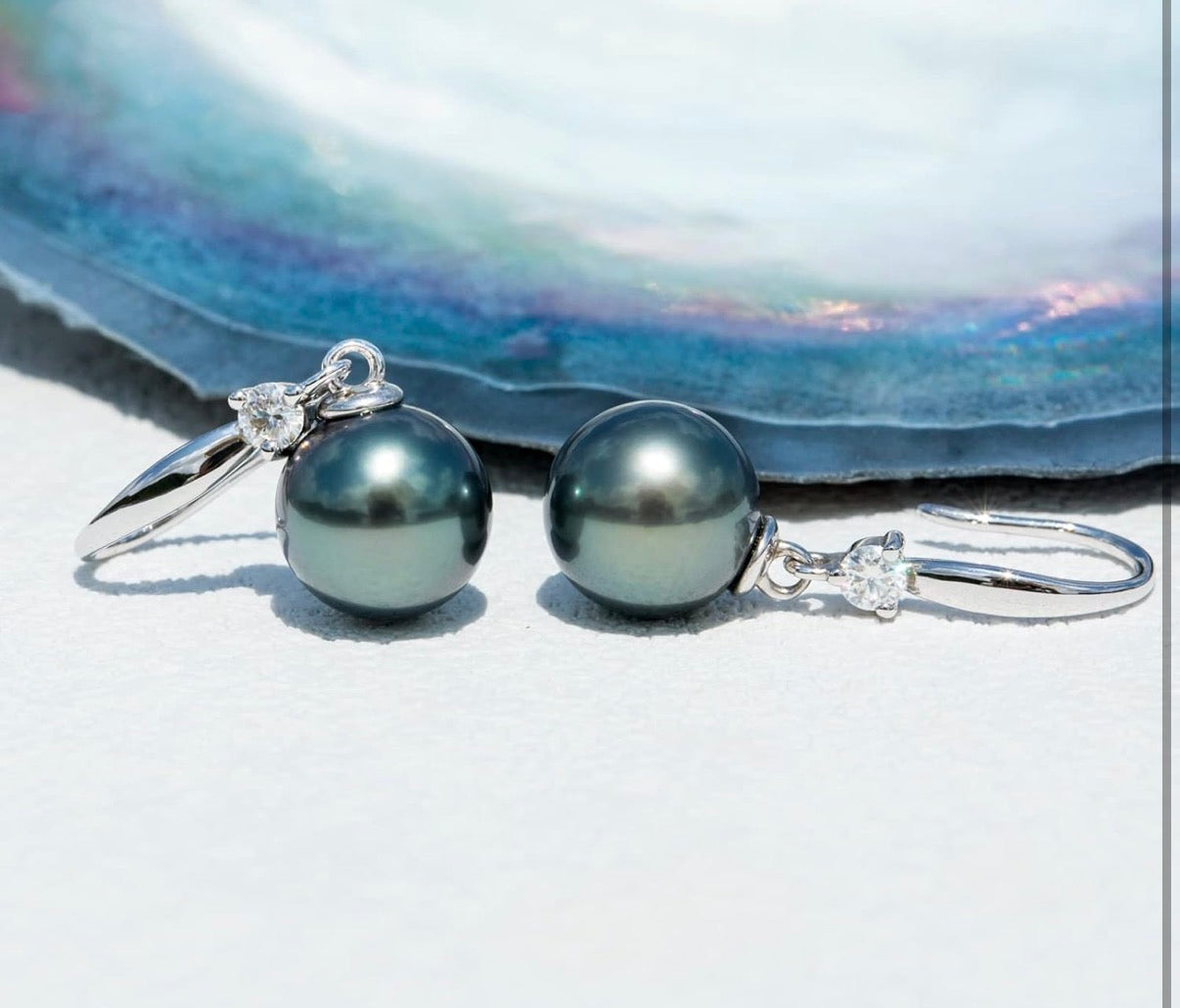 10MM Tahitian Black Pearl with Moissanite Hook Earrings, AAA Handselected Nature Black Pearls, D Color Moissanite