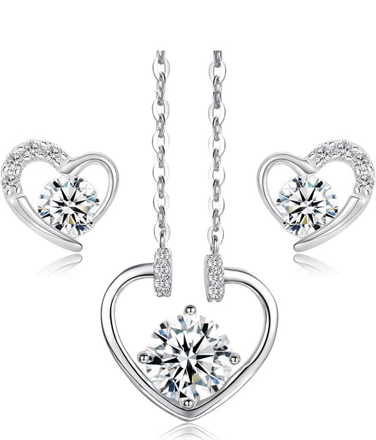 1 Carat Mossanite Heart 925 Sterling Silver Pendant Necklace Silver Earrings 18K White Gold Plated Jewelry Set