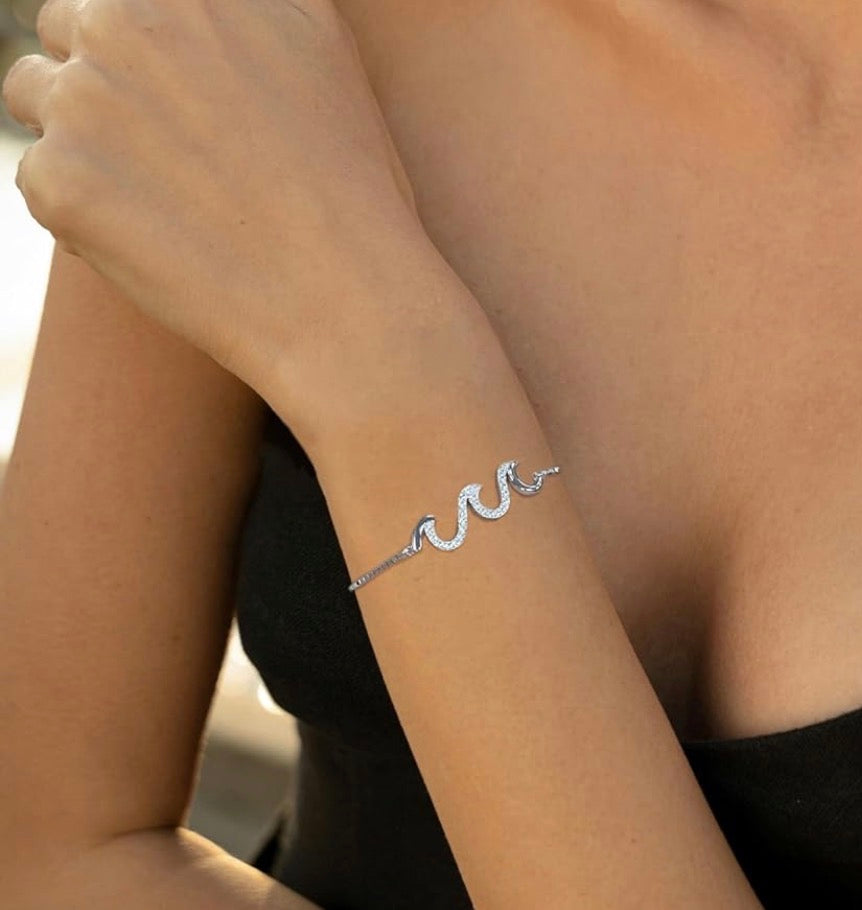 925 Sterling Silver Wave Bracelet for Women Adjustable Beach Ocean