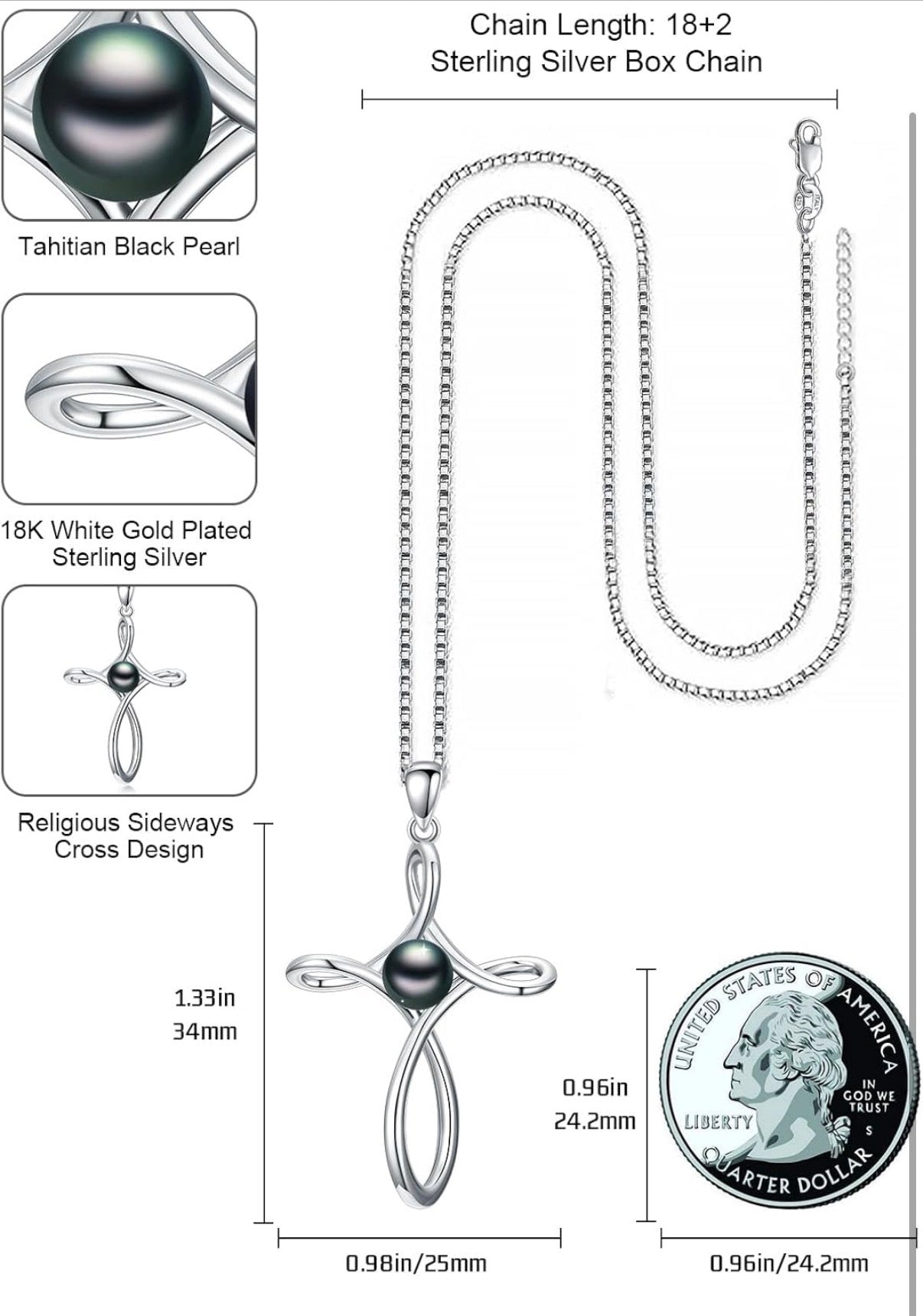 Tahitian Black Pearl AAAA 18K Gold Plated Sterling Silver Pendant Necklace for Women