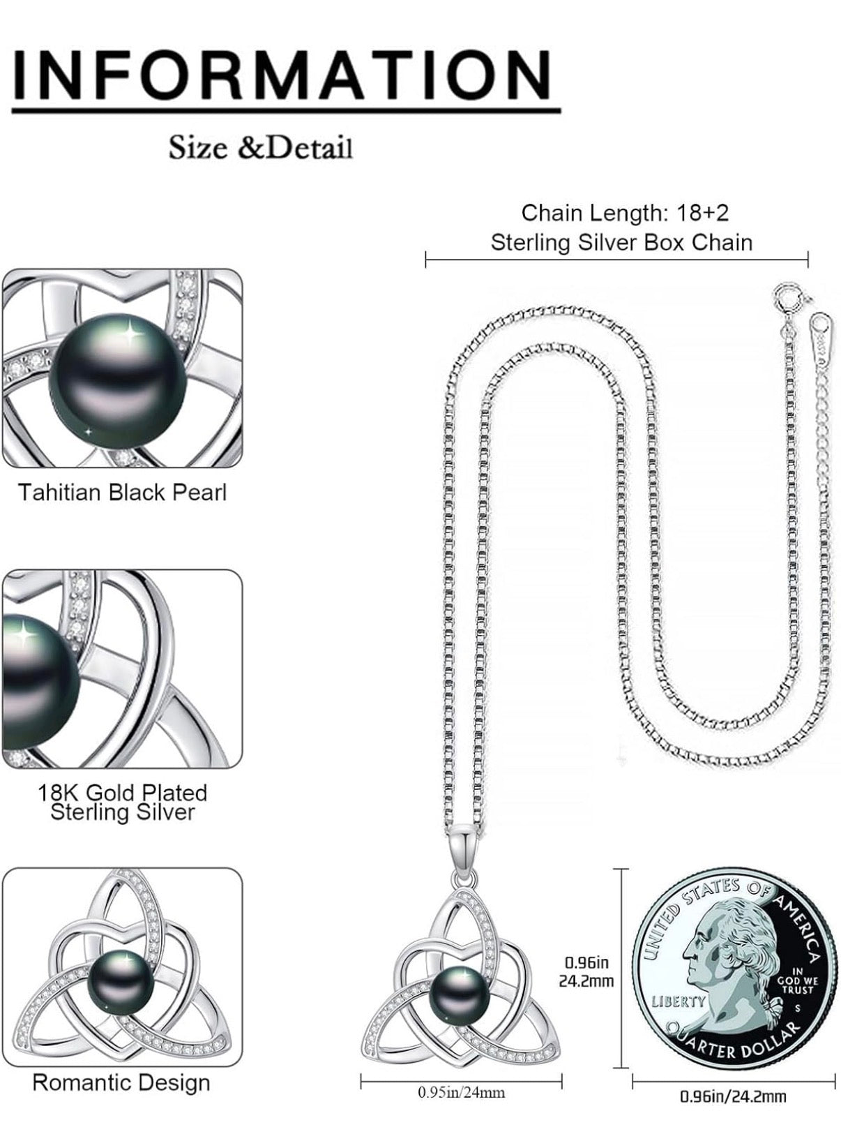 Tahitian Black Pearl AAAA 18K Gold Plated Sterling Silver Pendant Necklace for Women