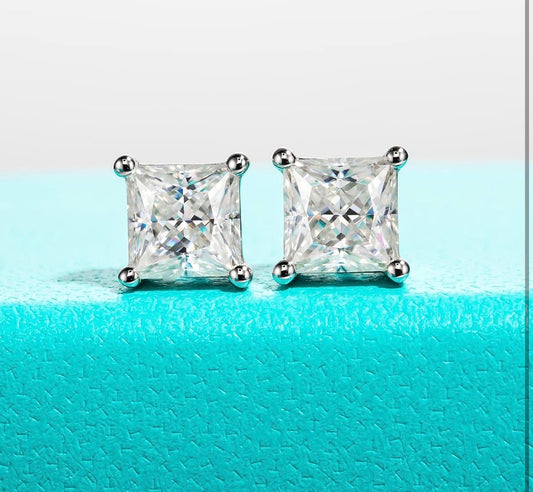 4 Carats Post Princess Cut Moissanite Stud Earrings for Women, D Color VVS1 925 Sterling Silver Earrings