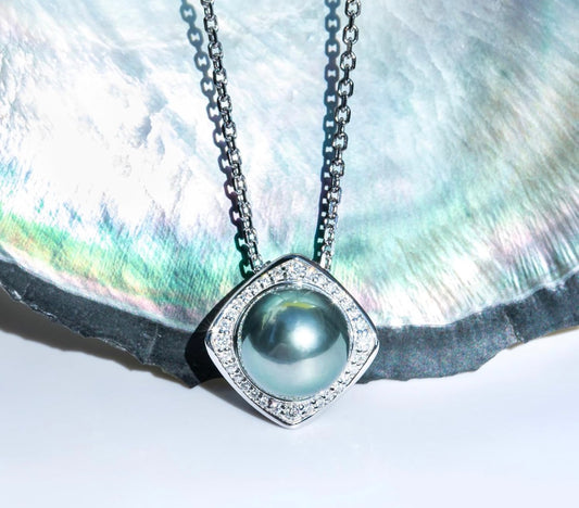 Genuine Tahitian Black Pearl with Moissanite Heart Pendant Necklace Black Pearls Sterling Silver