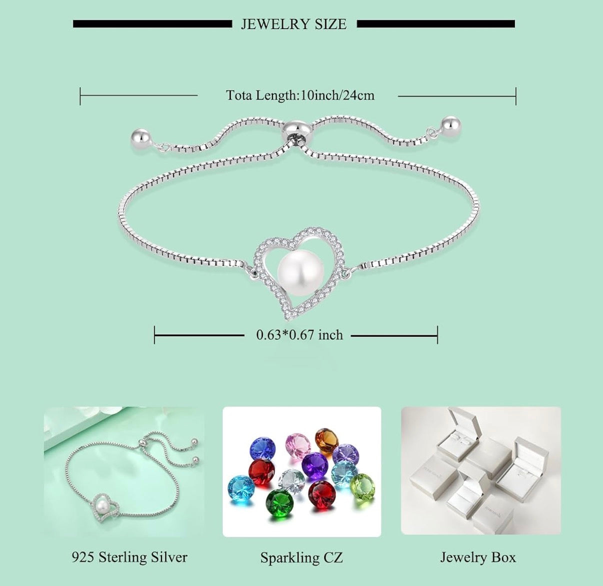 925 Sterling Silver Freshwater Cultured Pearl Bracelet Heart Adjustable Chain