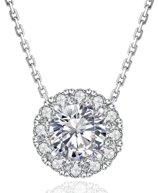 Moissanite Halo Necklace for Women, 0.3CT-1.0CT Lab Created Diamond with VVS1 Clarity D Color Moissanite Chain, White Gold Plated S925 Sterling Silver Necklace