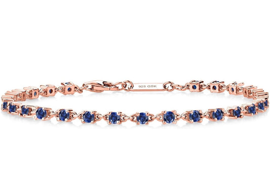 Blue Created Sapphire Tennis Bracelet Rose Gold 925 Sterling Silver 1.76 Carats 2.5MM Gemstone