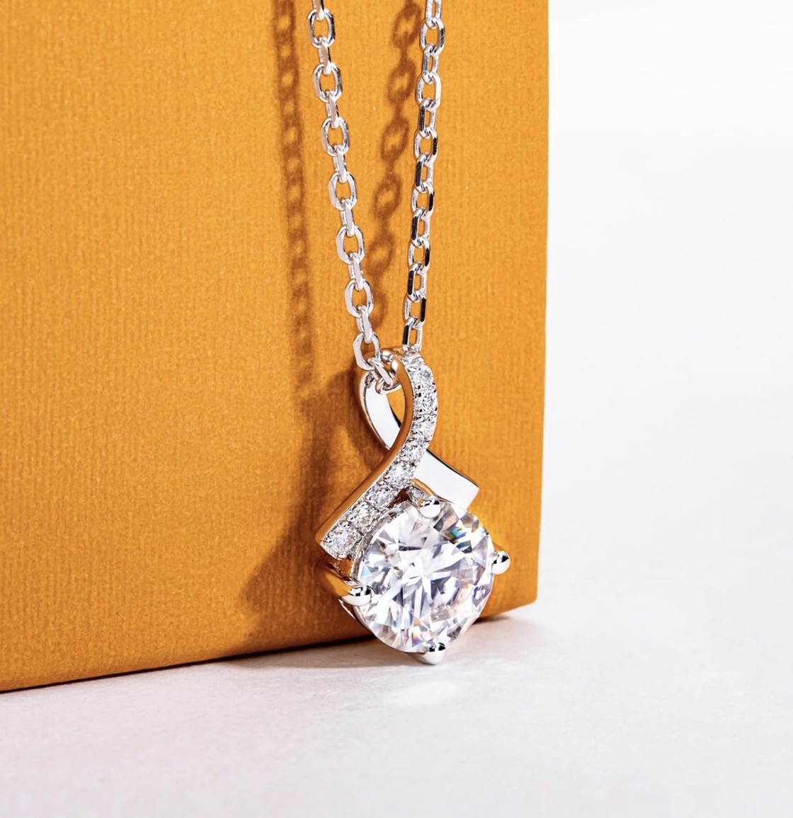 Pendant Ribbon Necklace for Women 2 Ct Center Stone D Color VVS1 Clarity Round Brilliant Cut 925 Sterling Silver