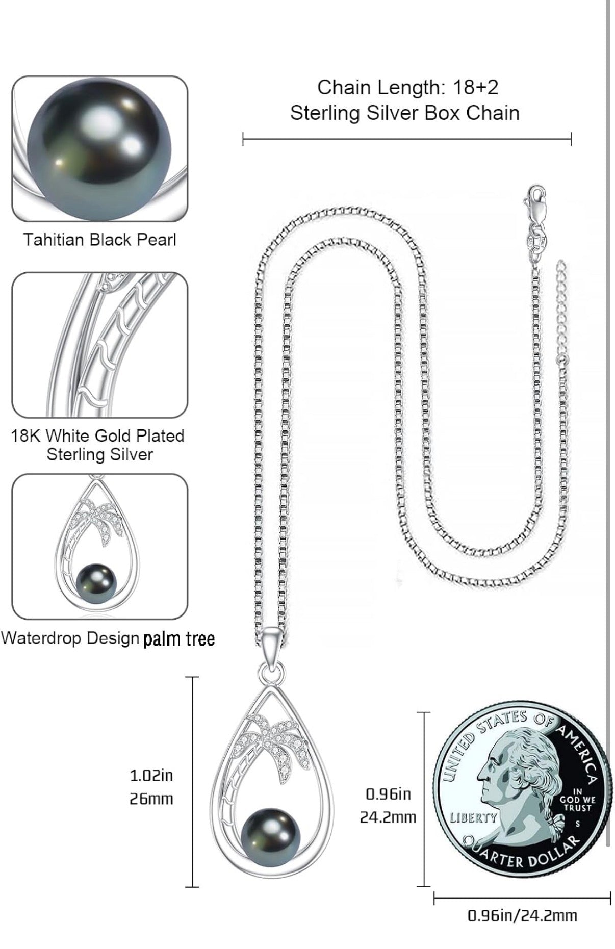 Tahitian Black Pearl AAAA 18K Gold Plated Sterling Silver Pendant Necklace for Women