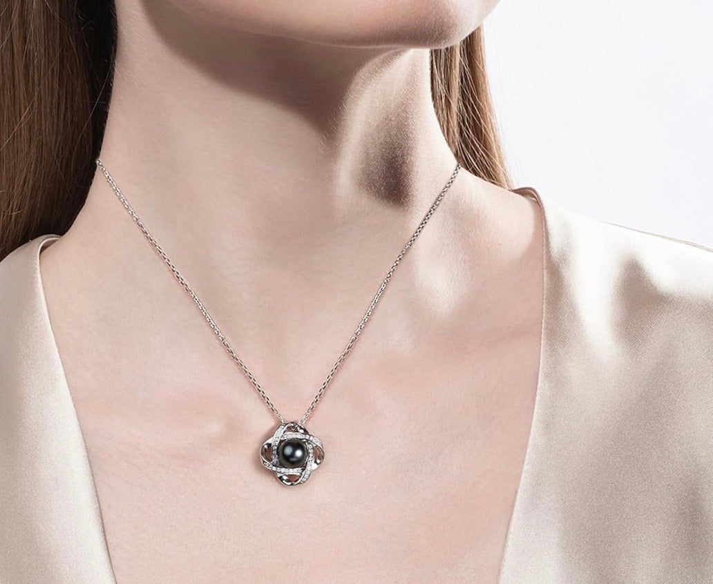 Genuine Tahitian Black Pearl with Moissanite Heart Pendant Necklace Black Pearls Sterling Silver