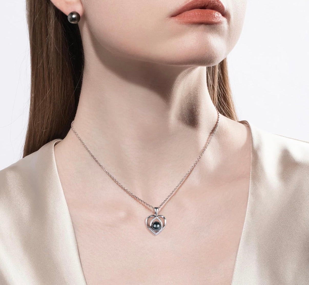 Genuine Tahitian Black Pearl with Moissanite Heart Pendant Necklace Black Pearls Sterling Silver