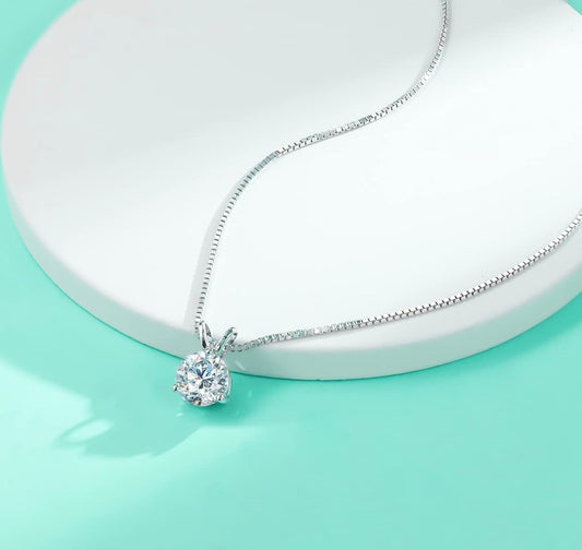 Moissanite 3 Prong Round Pendant Necklace 925 Sterling Silver Necklace for Women 1CT Round Cut, D Color, VVS1,